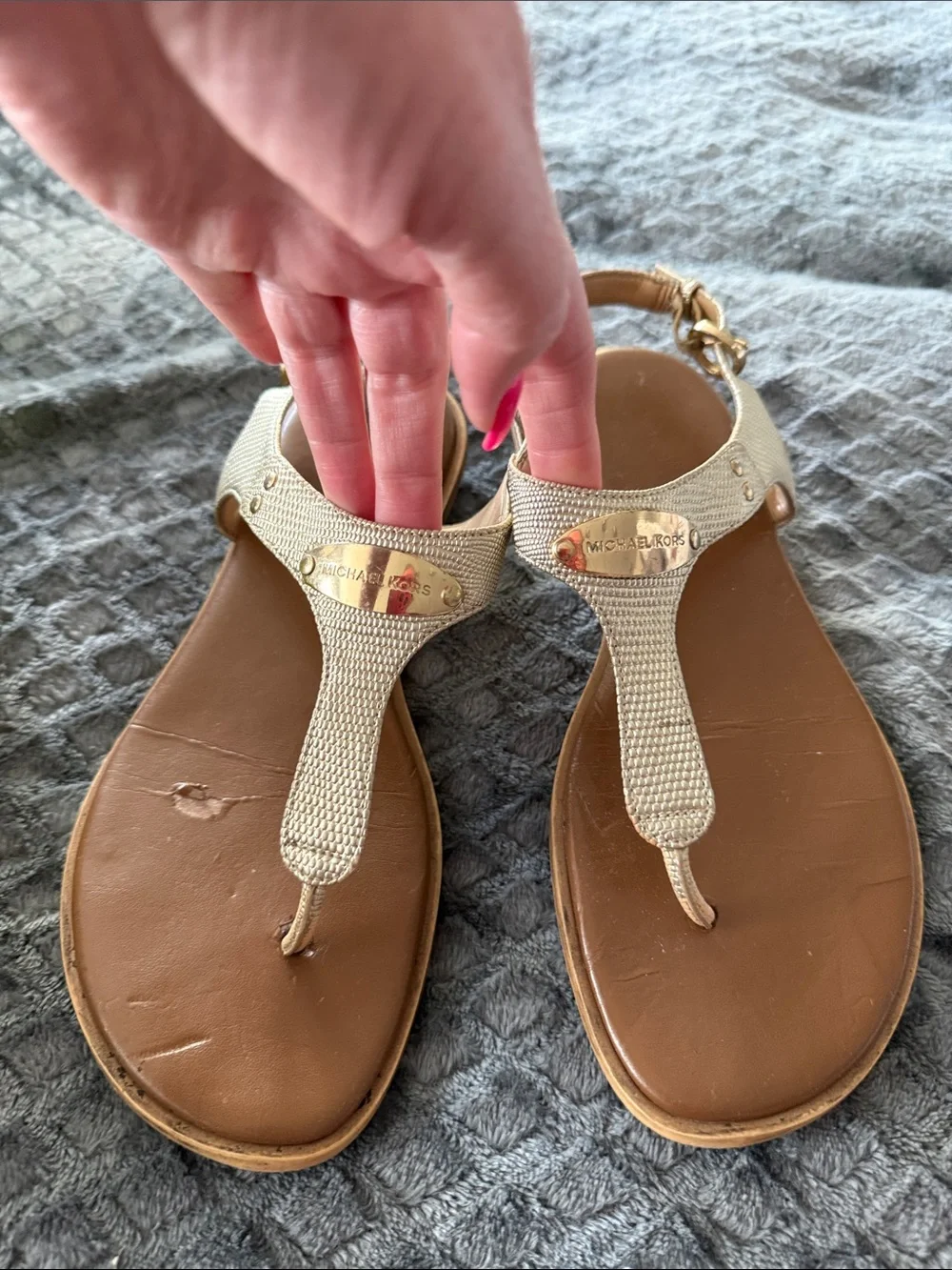 Michael Kors Gold and Brown T-Strap Sandals